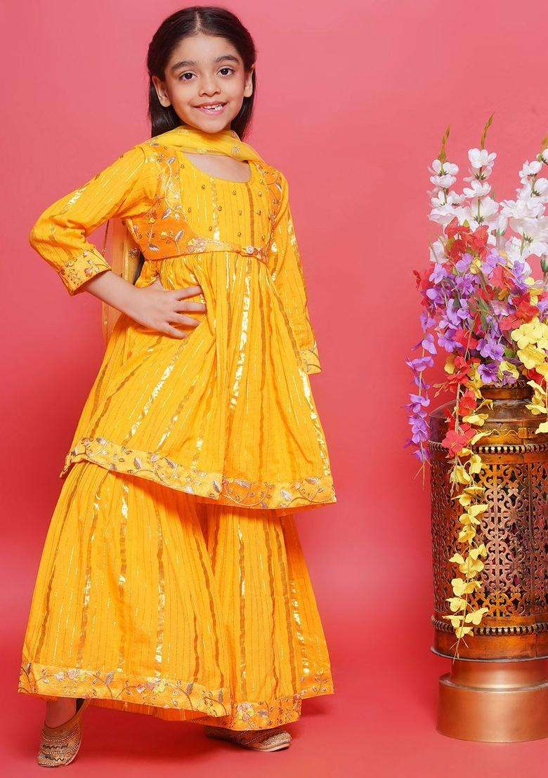 Yellow Embroidered Cotton Kurta Set For Girls - Indya