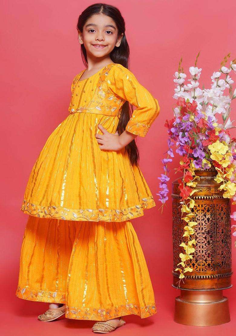 Yellow Embroidered Cotton Kurta Set For Girls - Indya