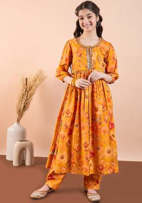 Mustard Printed Cotton Kurta Set For Girls