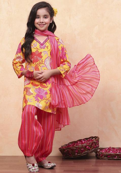 Yellow Printed Viscose Kurta Set For Girls — view on Indya