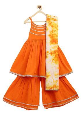 Orange Striped Cotton Kurta Set For Girls