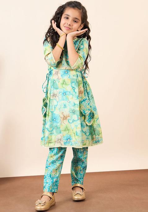 Green Printed Polyester Kurta Set For Girls — view on Indya