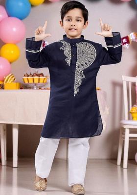 Navy Blue Printed Cotton Kurta Set For Girls