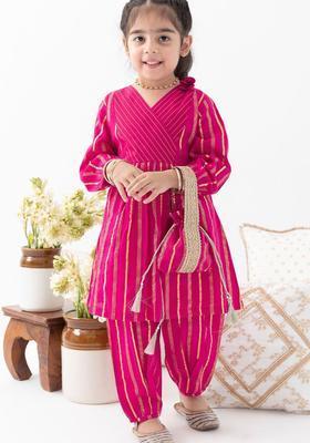 Pink Striped Cotton Kurta Set For Girls
