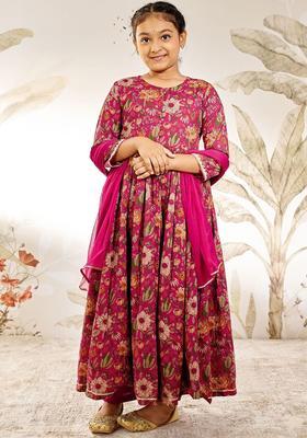 Fuchsia Printed Cotton Kurta Set For Girls