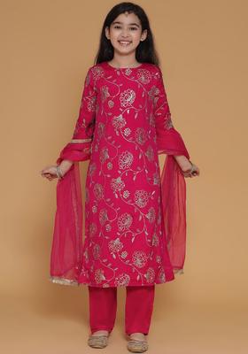 Pink Embroidered Silk Kurta Set For Girls