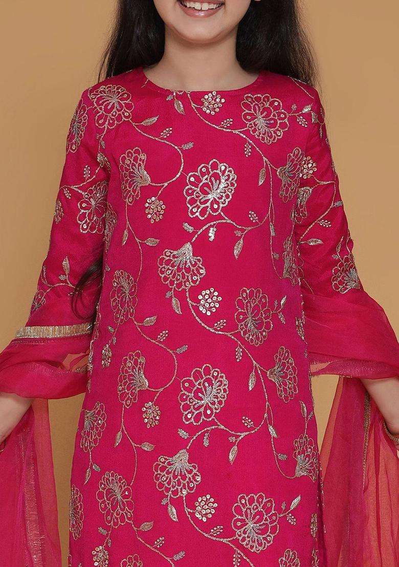 Pink Embroidered Silk Kurta Set For Girls - Indya