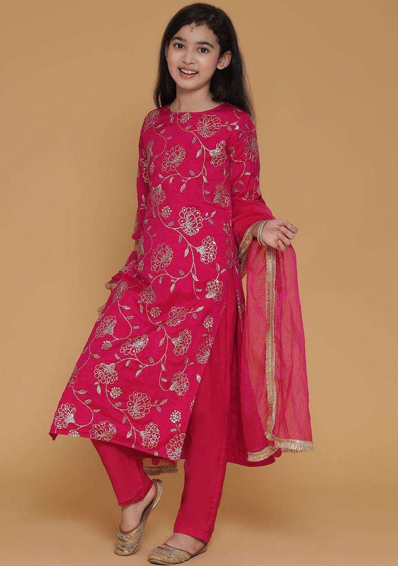 Pink Embroidered Silk Kurta Set For Girls - Indya