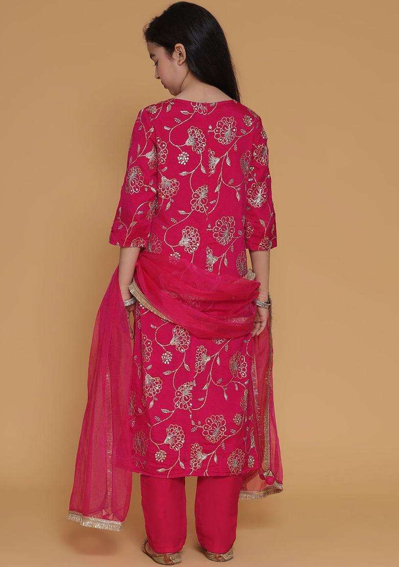 Pink Embroidered Silk Kurta Set For Girls - Indya