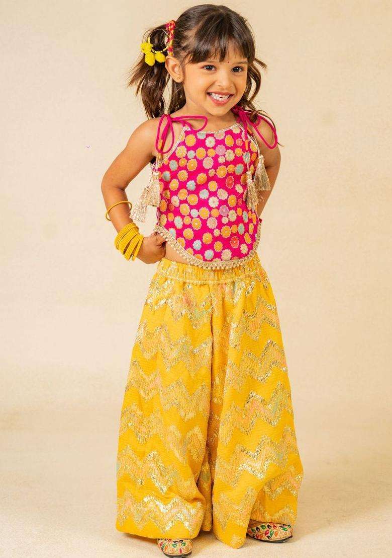 Pink Embroidered Silk Kurta Set For Girls - Indya