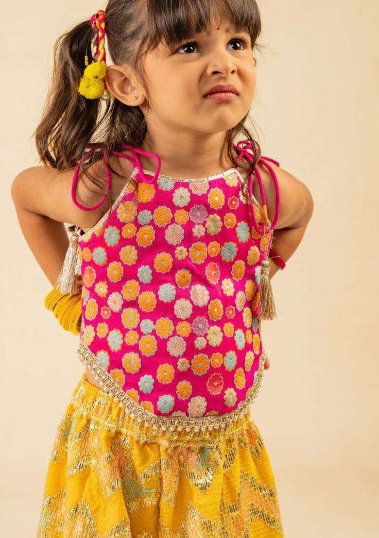 Pink Embroidered Silk Kurta Set For Girls - Indya