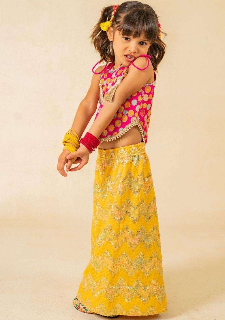 Pink Embroidered Silk Kurta Set For Girls - Indya