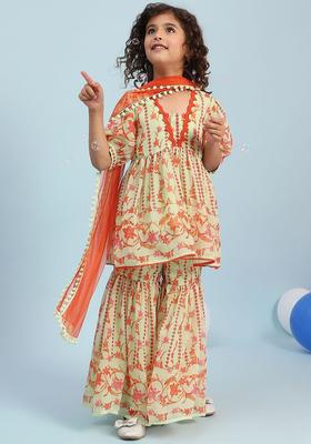Green Printed Georgette Kurta Set For Girls