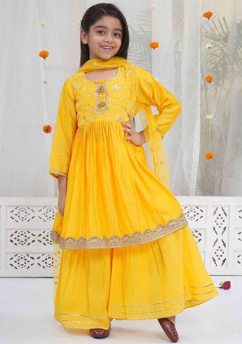 Yellow Embroidered Cotton Kurta Set For Girls - Indya