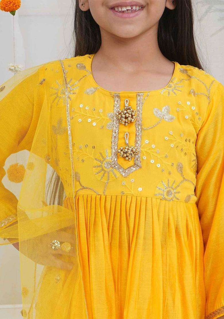 Yellow Embroidered Cotton Kurta Set For Girls - Indya