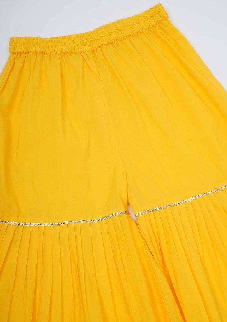 Yellow Embroidered Cotton Kurta Set For Girls - Indya