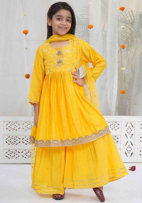 Yellow Embroidered Cotton Kurta Set For Girls