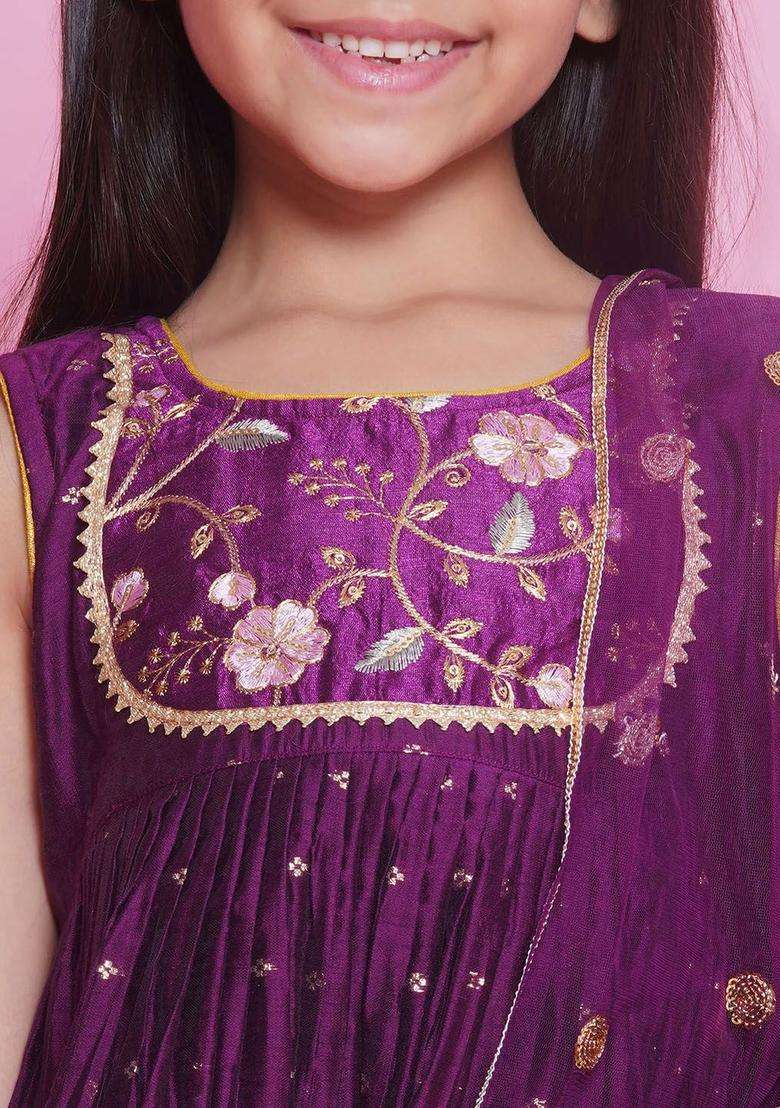 Purple Embroidered Silk Kurta Set For Girls - Indya