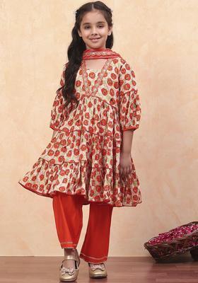 Orange Printed Viscose Kurta Set For Girls