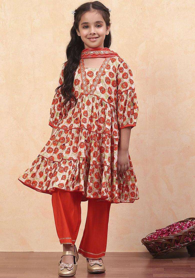 Orange Printed Viscose Kurta Set For Girls - Indya
