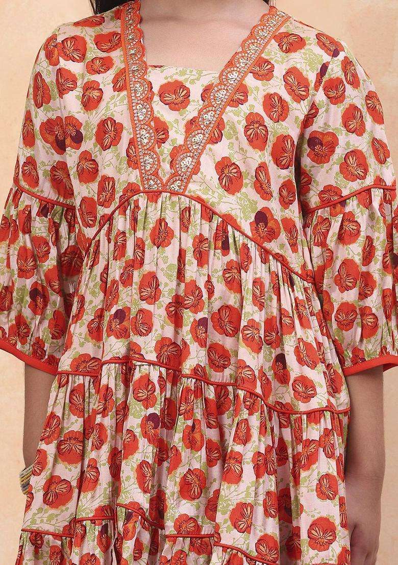 Orange Printed Viscose Kurta Set For Girls - Indya