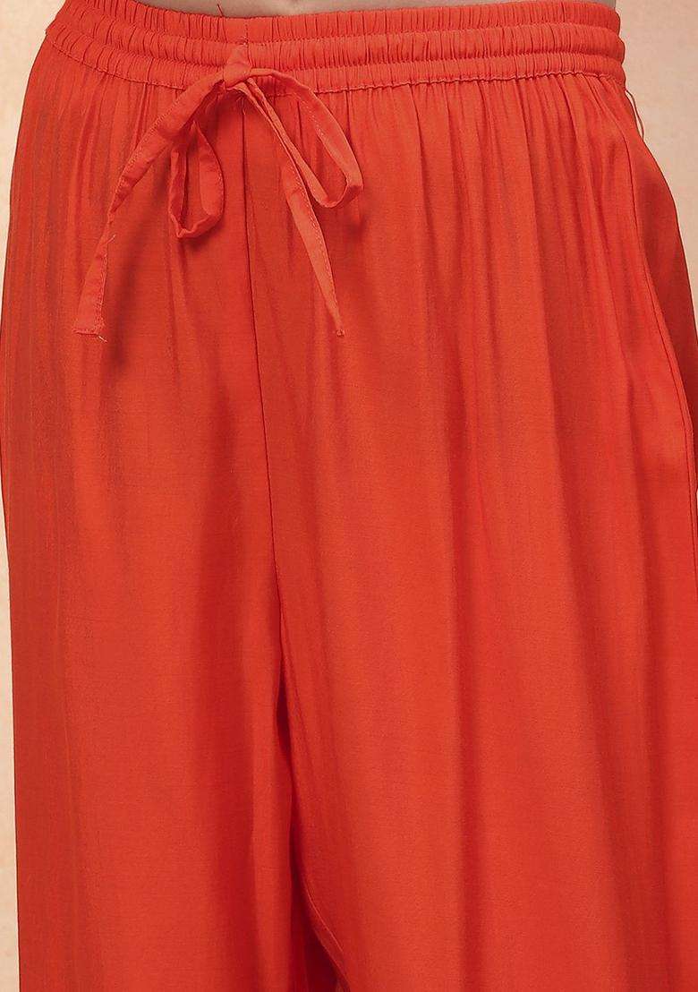 Orange Printed Viscose Kurta Set For Girls - Indya
