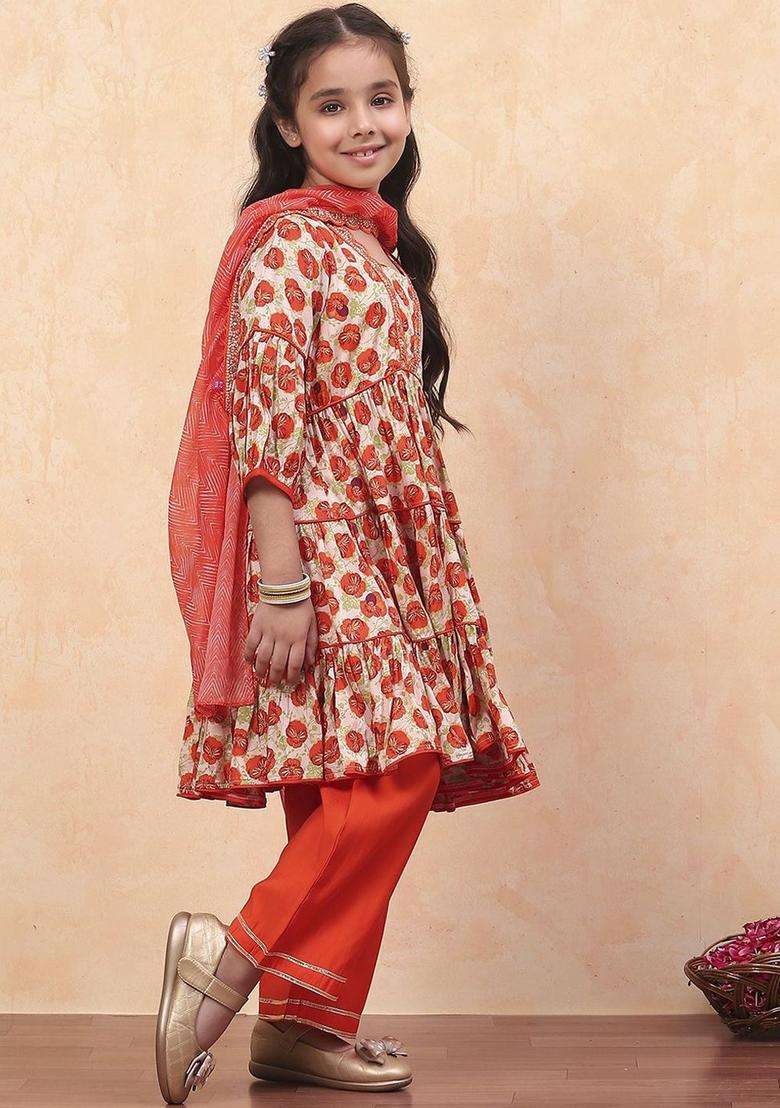 Orange Printed Viscose Kurta Set For Girls - Indya