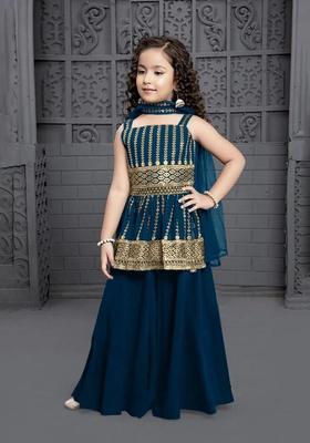 Blue Embroidered Georgette Kurta Set For Girls