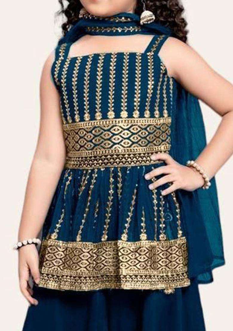 Blue Embroidered Georgette Kurta Set For Girls - Indya