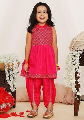 Pink Embroidered Silk Kurta Set For Girls