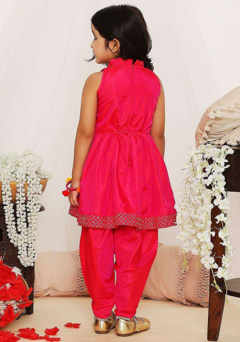 Pink Embroidered Silk Kurta Set For Girls - Indya