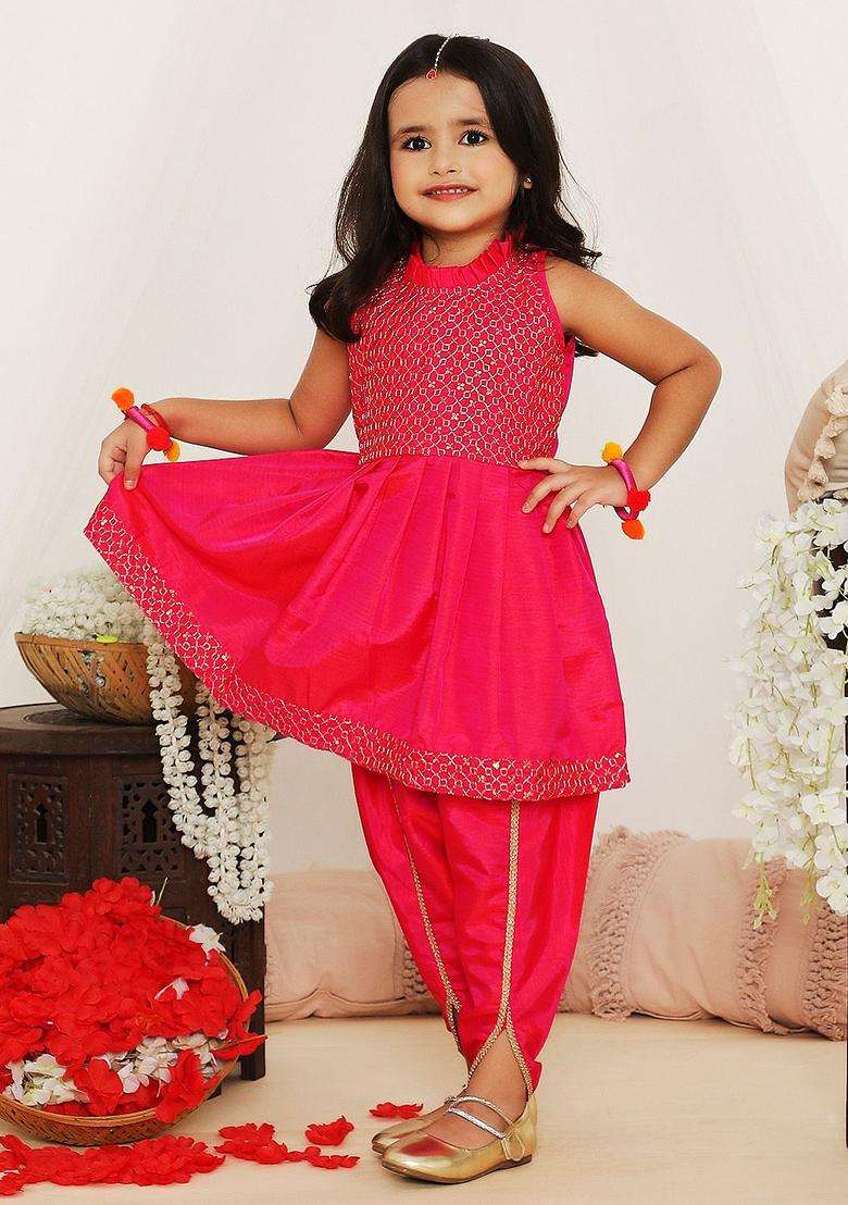 Pink Embroidered Silk Kurta Set For Girls - Indya