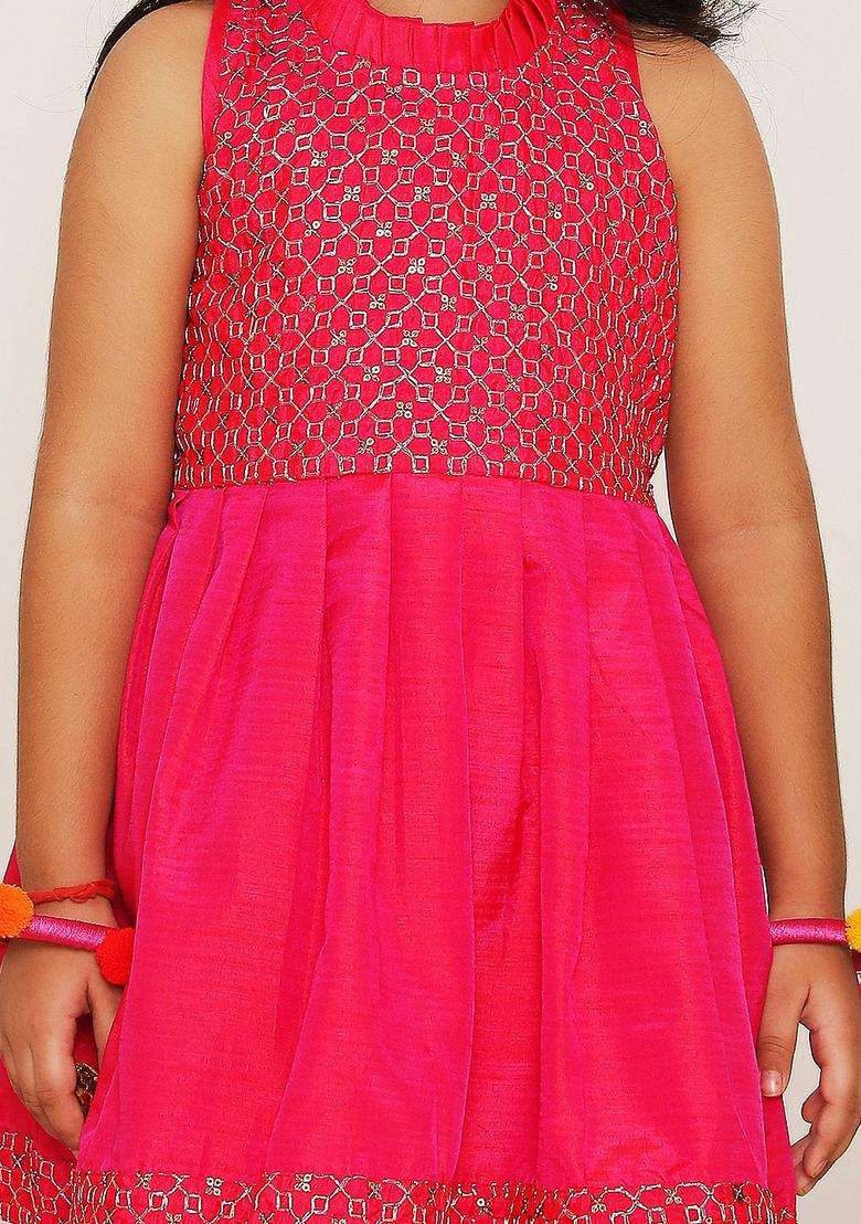 Pink Embroidered Silk Kurta Set For Girls - Indya