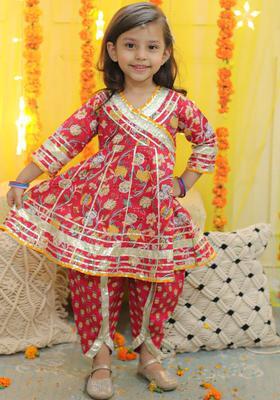 Red Printed Cotton Kurta Set For Girls