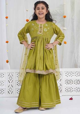 Green Printed Cotton Kurta Set For Girls