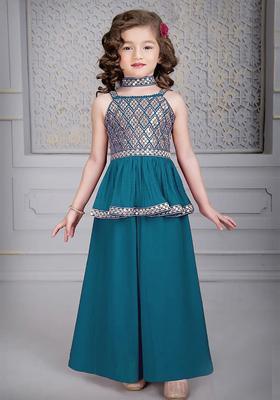 Blue Embroidered Georgette Kurta Set For Girls