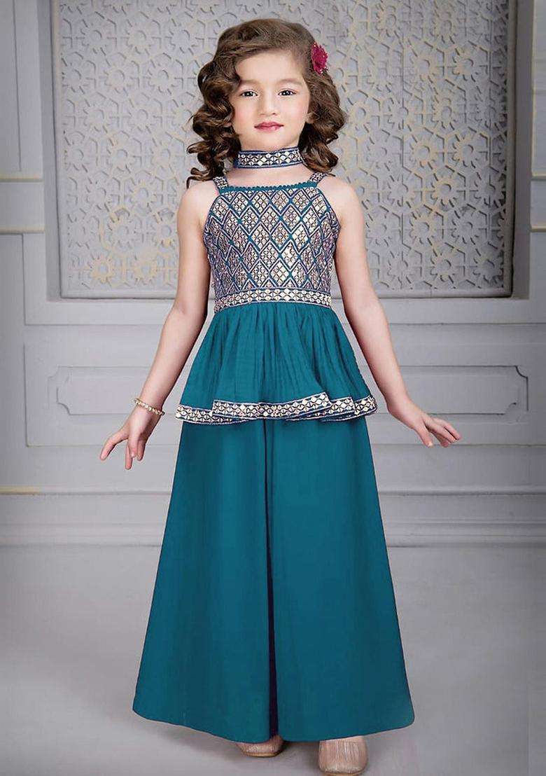 Blue Embroidered Georgette Kurta Set For Girls - Indya