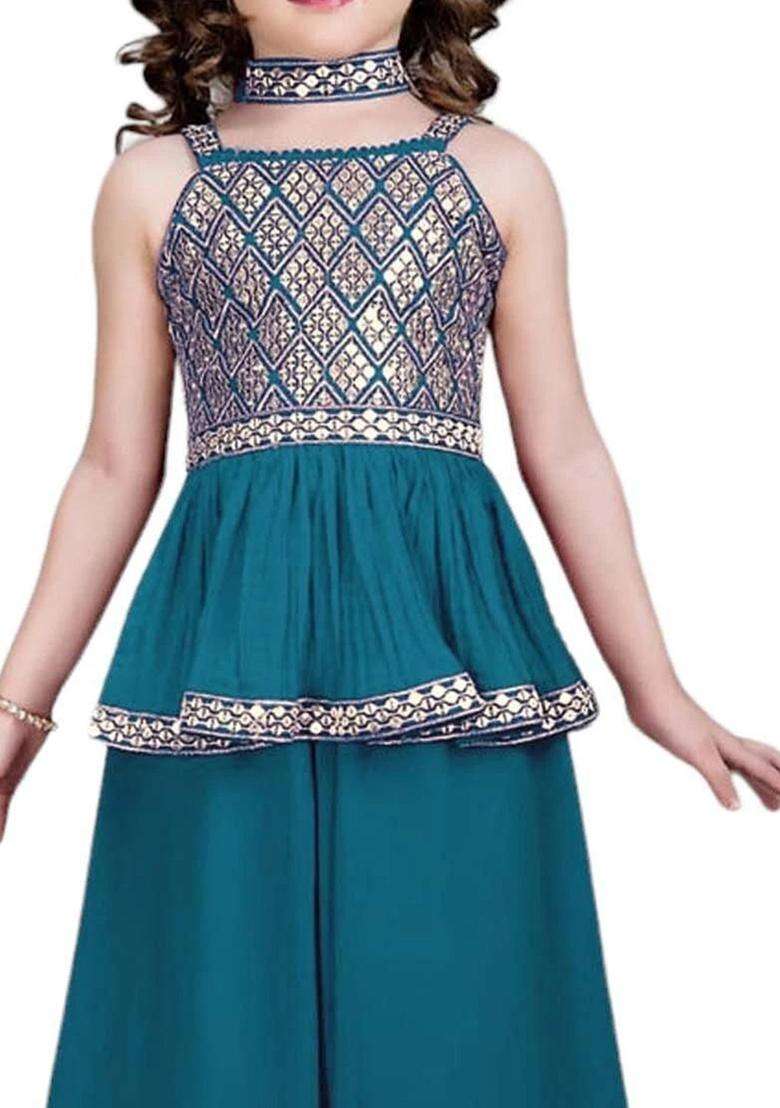 Blue Embroidered Georgette Kurta Set For Girls - Indya