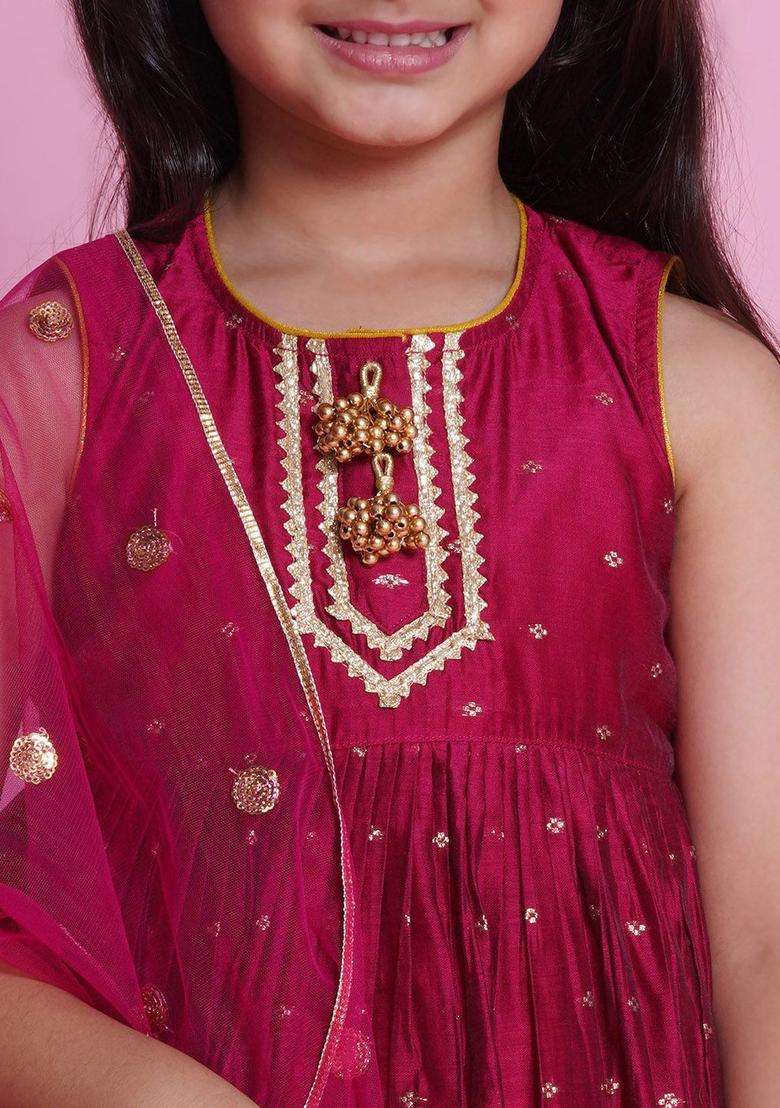 Pink Embroidered Cotton Kurta Set For Girls - Indya