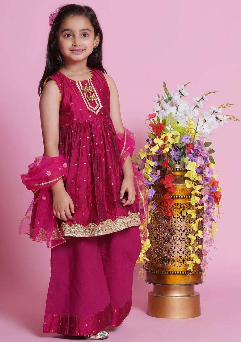 Pink Embroidered Cotton Kurta Set For Girls - Indya