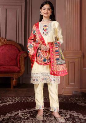 Yellow Embroidered Silk Kurta Set For Girls