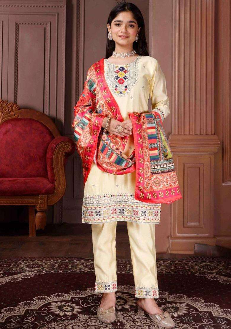 Yellow Embroidered Silk Kurta Set For Girls - Indya