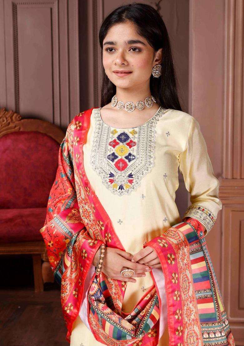 Yellow Embroidered Silk Kurta Set For Girls - Indya