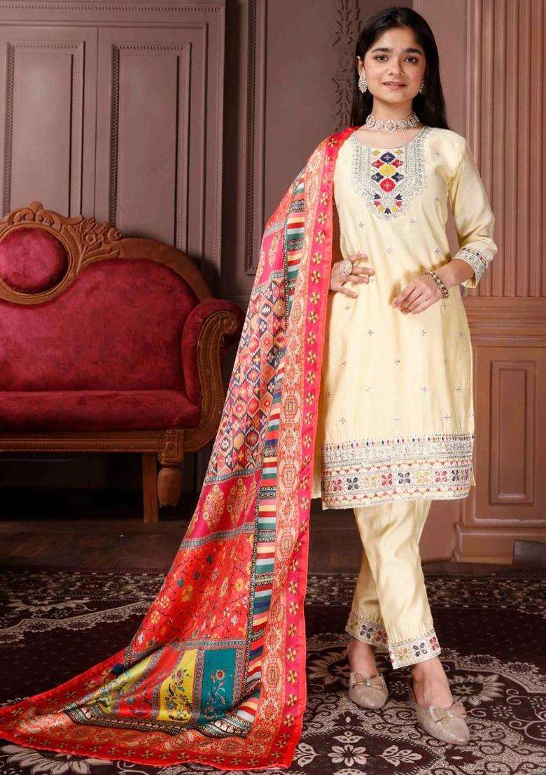 Yellow Embroidered Silk Kurta Set For Girls - Indya