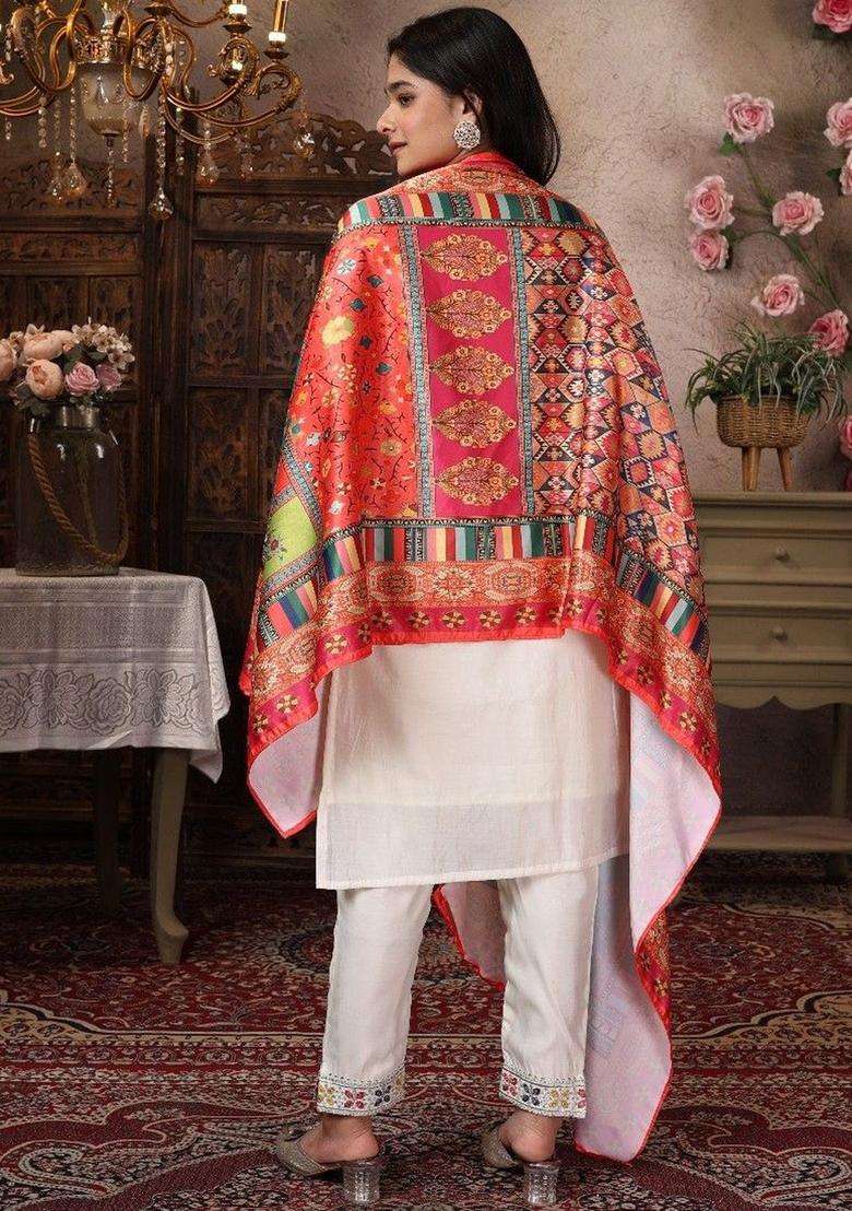 Yellow Embroidered Silk Kurta Set For Girls - Indya