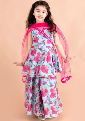 Blue Printed Polyester Kurta Set For Girls