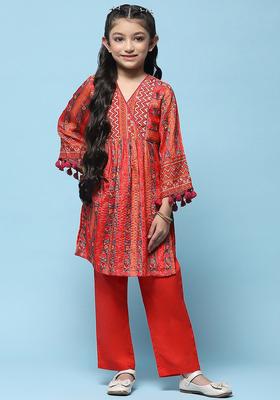 Red Printed Polyester Kurta Set For Girls