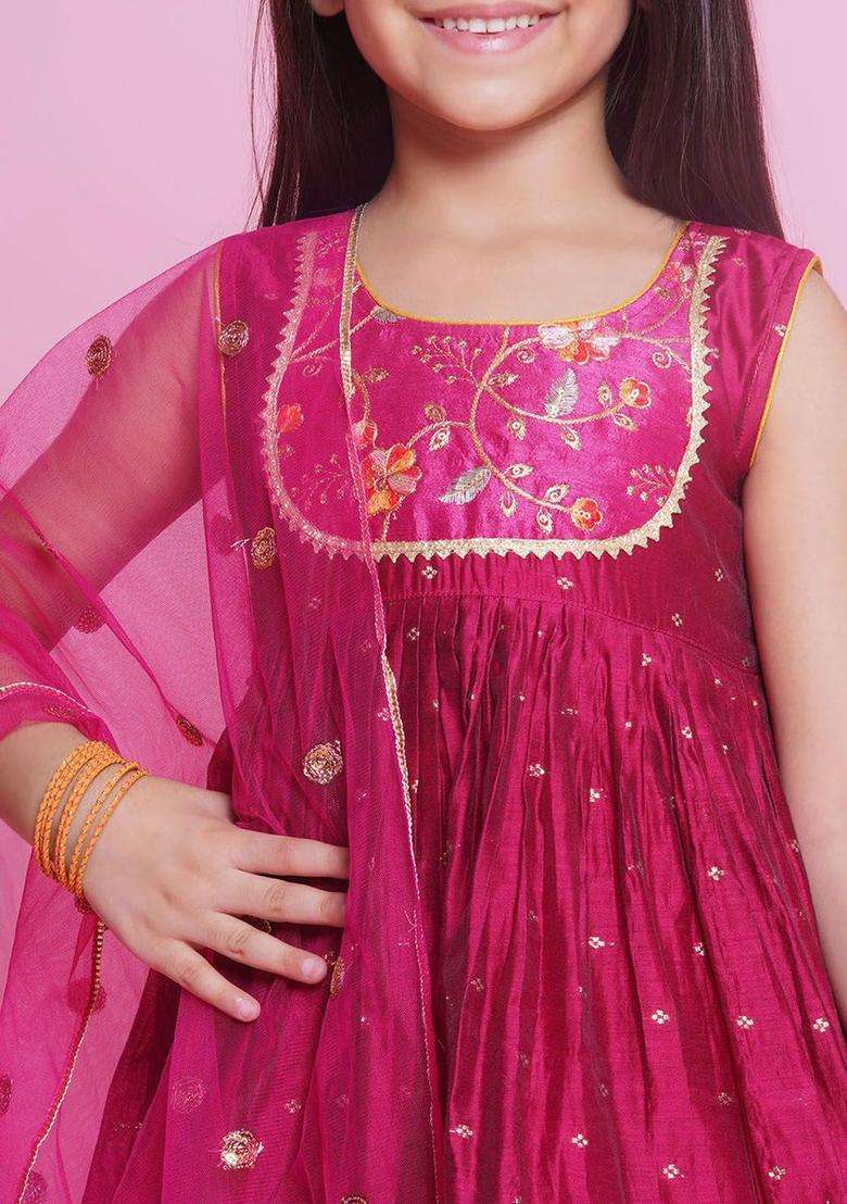 Pink Embroidered Silk Kurta Set For Girls - Indya