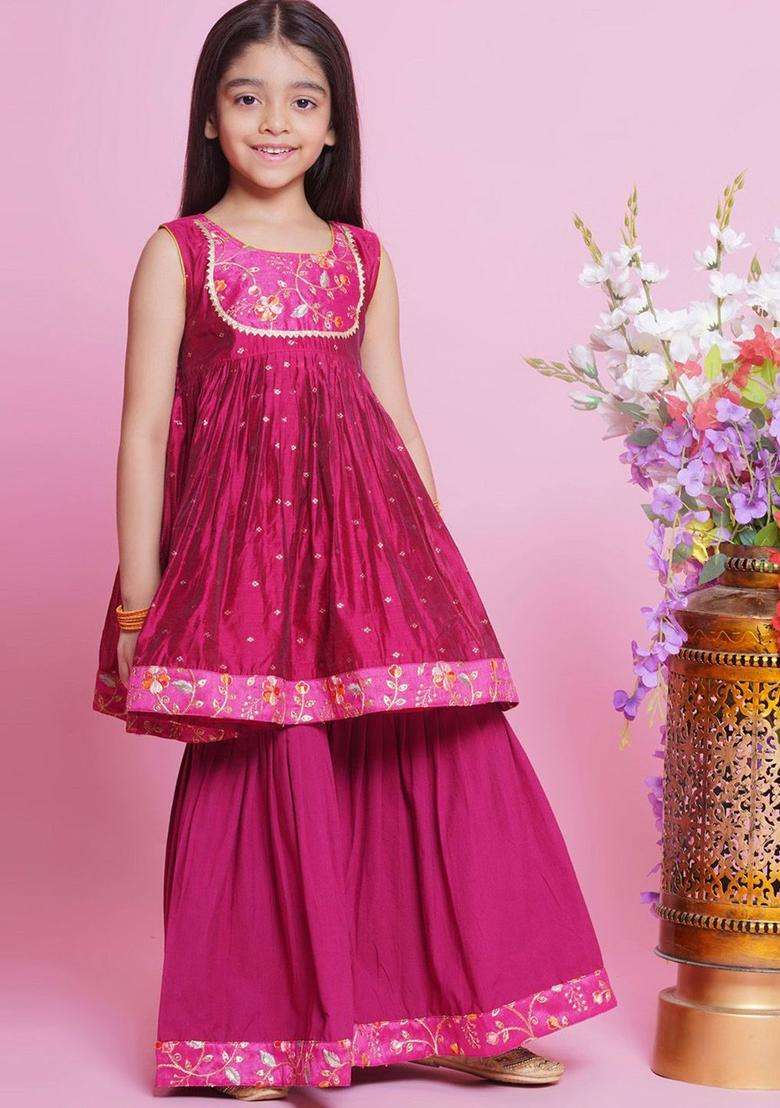 Pink Embroidered Silk Kurta Set For Girls - Indya