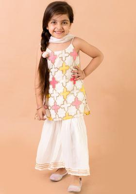 Off White Embroidered Georgette Kurta Set For Girls